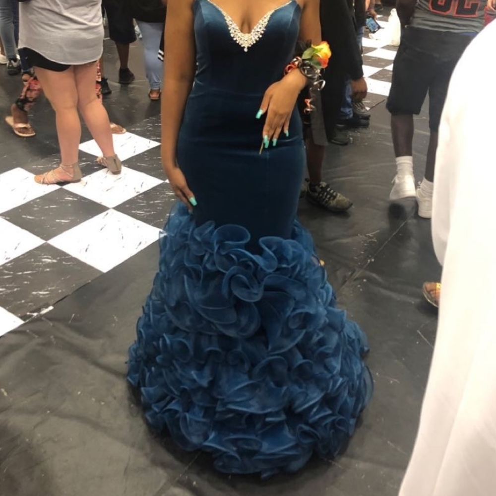 Suede Teal Ruffled Prom Dress